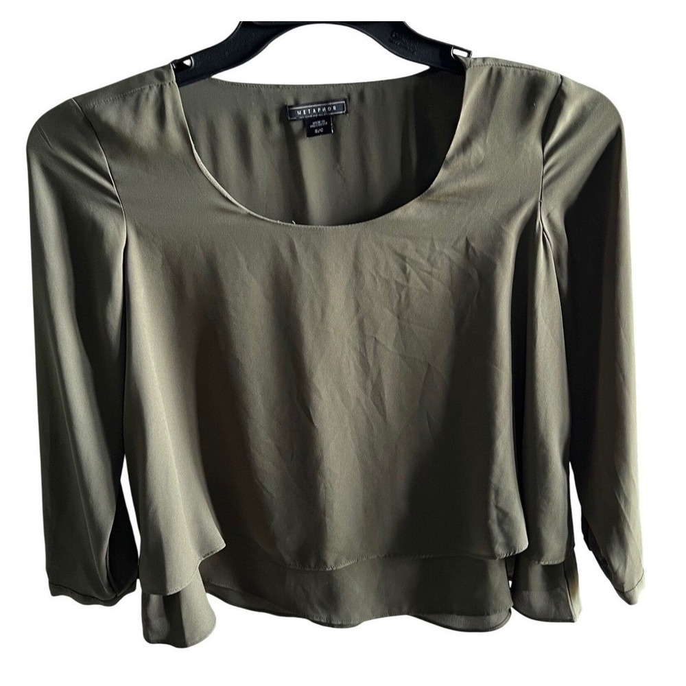 Metaphor Womens Olive Green Layered Scoop Neck 3/4 Sleeve Blouse Top Size Small